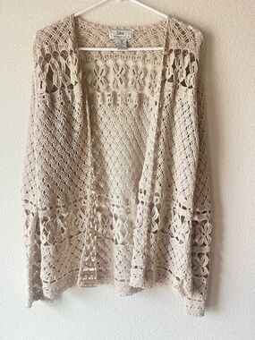 Vintage Cottagecore Oatmeal Beige Linen Cotton Crochet Women's Cardigan